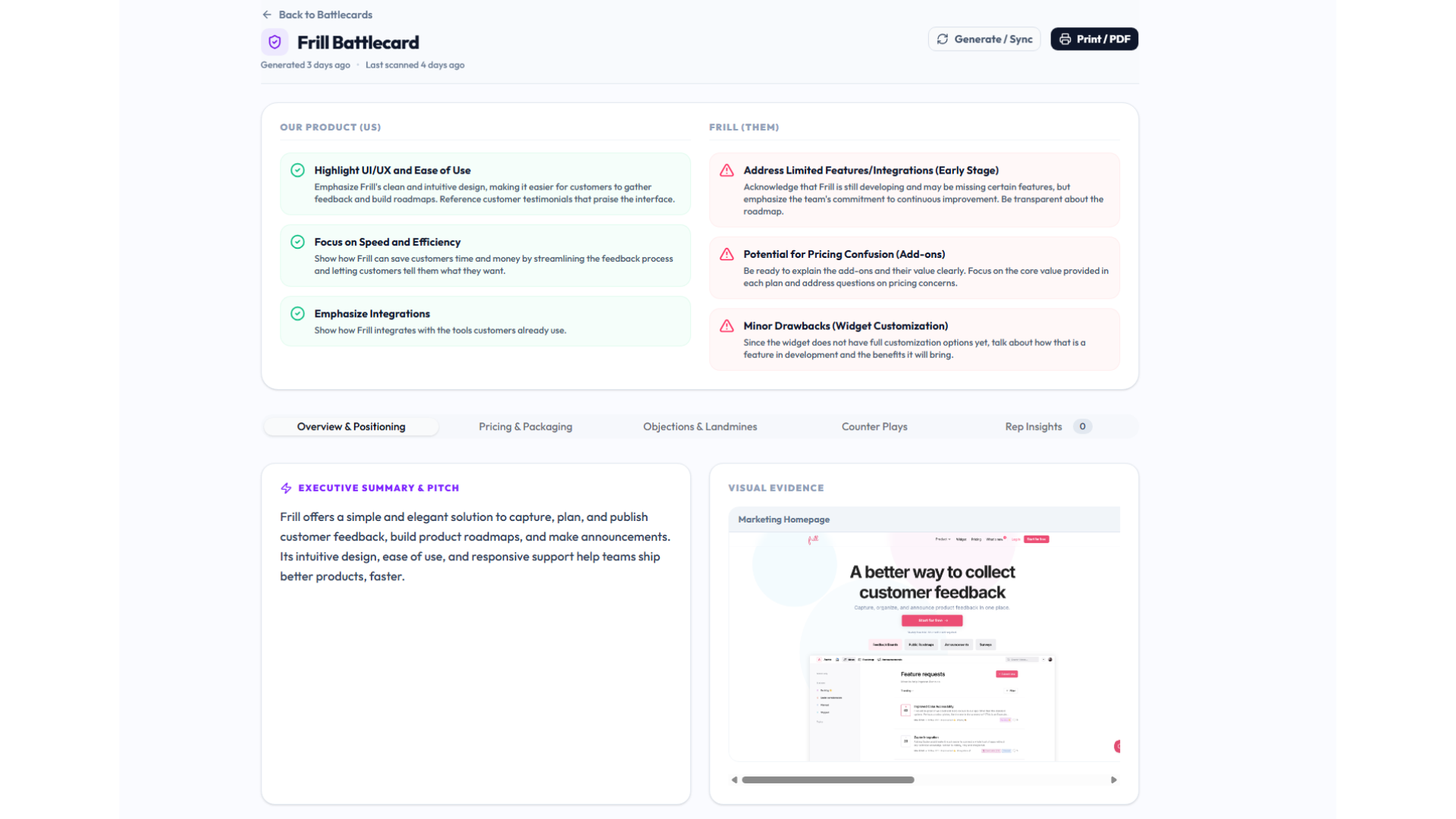 Battlecard queue with competitor summaries