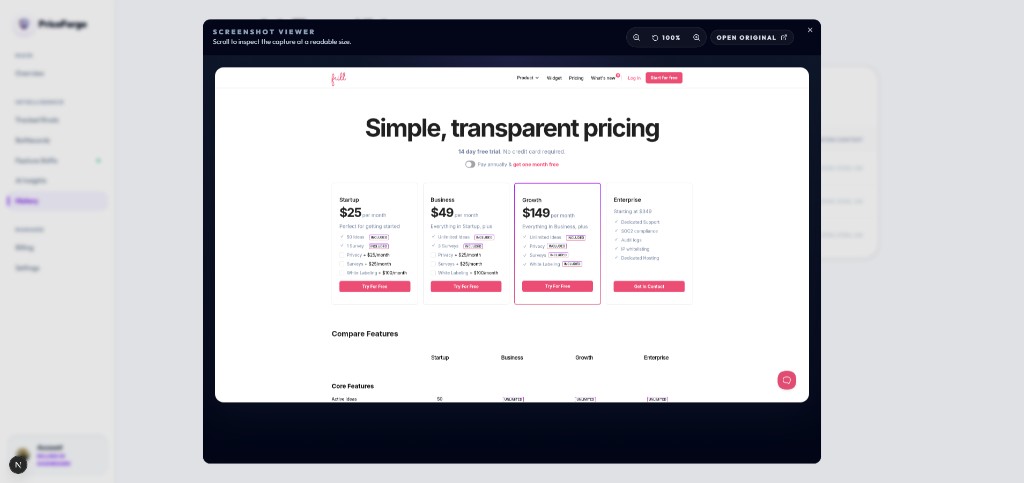 Evidence viewer: captured pricing page screenshot